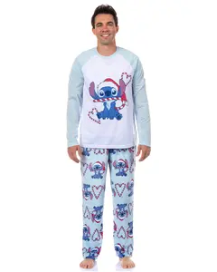 Disney Stitch Christmas Pajamas Men's Candy Cane 2 Piece PJ Lounge Set