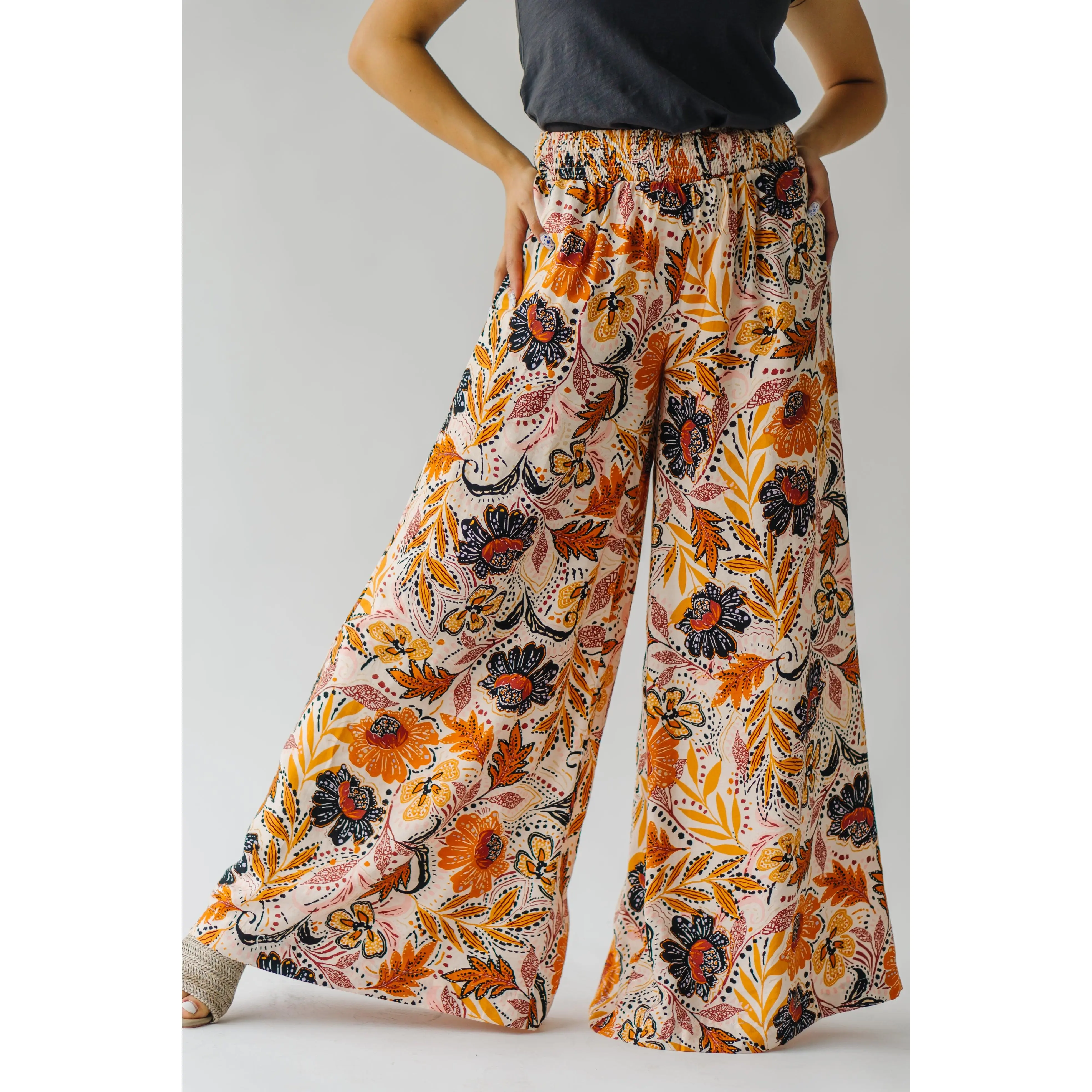 The Hintz Patterned Wide Leg Pant in Peach + Brown Multi