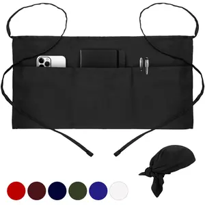 Batex 1 Pack Cotton Server Apron with 3 Pockets and Chef Bandana, Waist Apron for Waitress and Waiters, Half Apron for Women