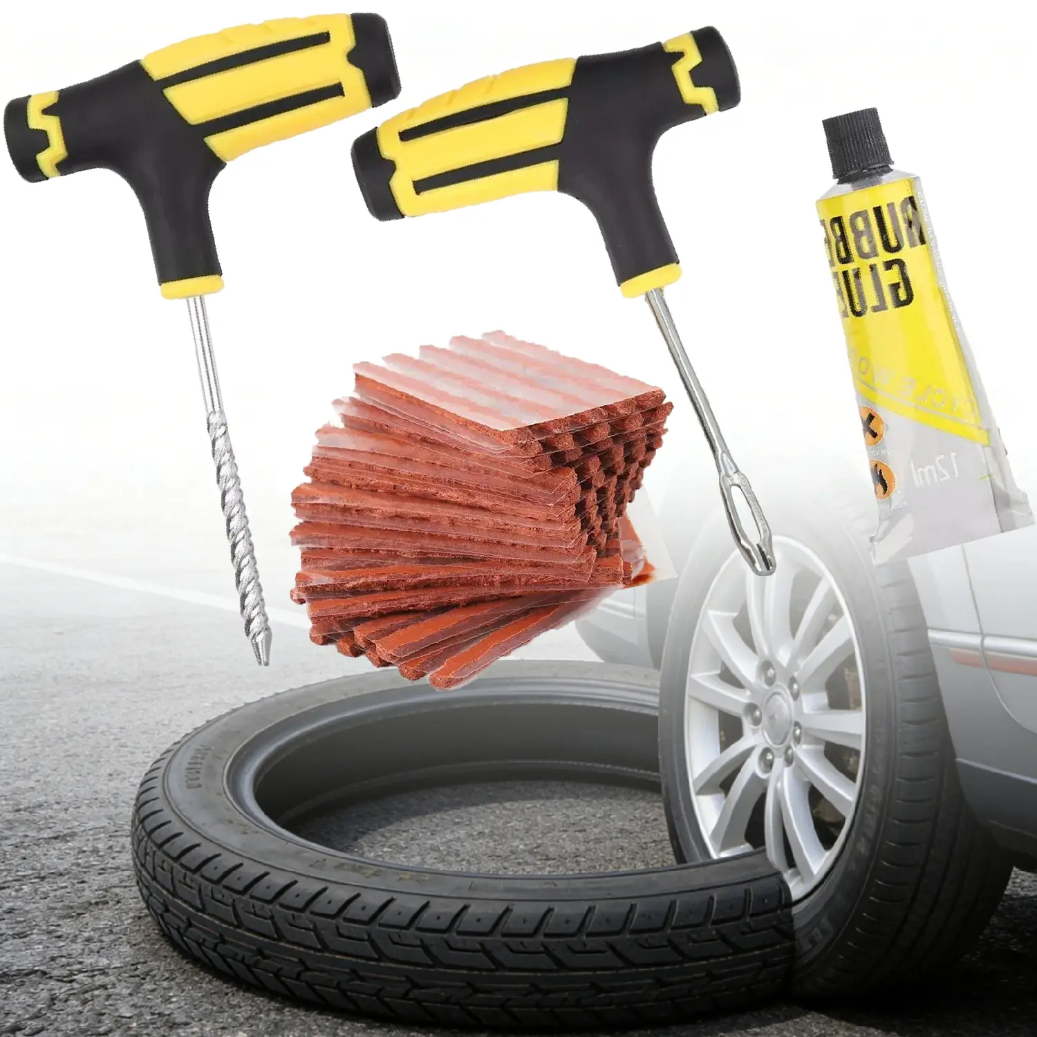 68 PCS Tire Repair Tool Kit, DIY Tire Patching Set with Tire Repair Strips and Tools, Universal Tire Repair Kit for Car, Motorcycle Bicycle Tire Emergencies