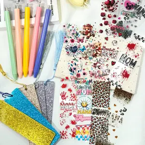 18Pcs Mother's Day Cow Print Pen & Bookmark Stickers UV DTF Wraps Perfect Gift for Mom 8 Pen Stickers 5 Pens 5 Bookmarks