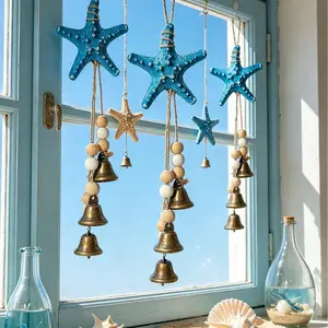 1pc Starfish Metal Wind Chime, Vintage Bell Wood Bead Hanging Decor, Coastal Style Outdoor Garden Wall Art, Beach Wedding Party Gift