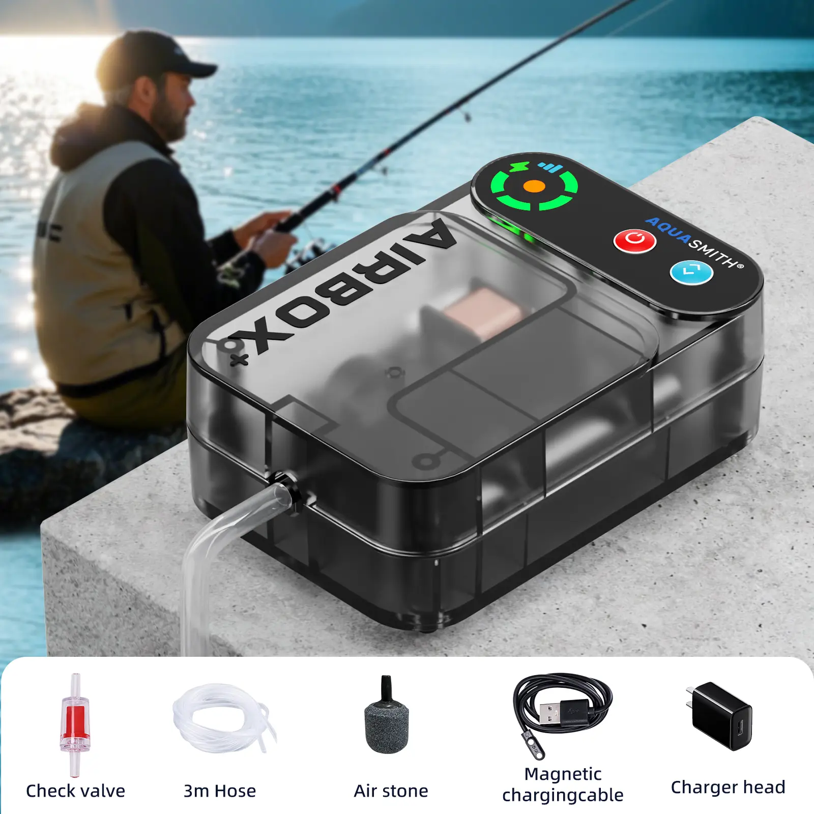AQUASMITH Rechargeable Portable Aquarium Air Pump, 5mm Thickened Shell for Noise Reduction, with Hose and Air Stone, IPX4 Waterproof, Magnetic Charging, Suitable for Outdoor Fishing and Indoor Multi-Scene Use