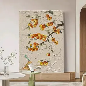 1 Hand-Painted Oil Painting, Frameless or with Inner Frame, "Persimmon Wishes" Nordic Wabi Sabi Cream Style Paintings Simple Abstract Floral High-End Light Luxury Fresh Creative Cozy Entryway Art Texture Canvas Wall Decor for Living Room Sofa	