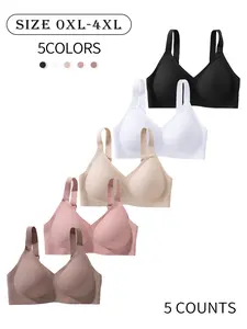 5 Pack set V-neck plus-size seamless jelly women's bra, Seamless brassiere, with hook-and-eye adjustable straps 0XL-4XL, lift and gather, wireless, sports-style back, daily commute, comfortable