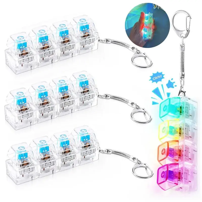 4 Pack Mechanical Keyboard Keychain Decorations with LED Glowing Lights, Stress Relief Fingertip Clicker with Transparent Crystal Keycaps, Fingertip Fidget Toys and Fun Pendant for Boys, Girls and Adults, New Year's Day Gifts, Valentine's Day Gifts