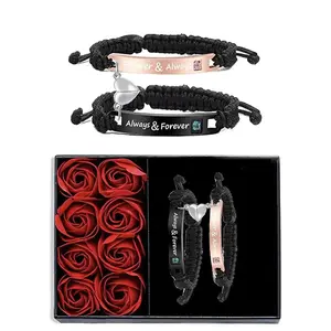 Braided Couple Matching Bracelet (2pcs/1 Set), Magnetic Heart & Letter Design Link Bracelet for Women & Men, Jewelry for Birthday Gift with Rose Box, Personalized Couples Bracelet, Adjustable Bracelets