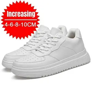 Men’s height-increasing shoes — invisible 10 cm hidden lift sneakers, white leather, men’s large size 46