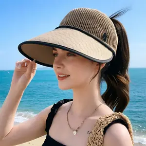 Summer Letter Sun Protection Wide Brim Hat, Elegant Pleated Fabric Brim, Fashionable Face Covering, Foldable Portable Material, Ideal for Vacation, Outdoor Shopping, Park