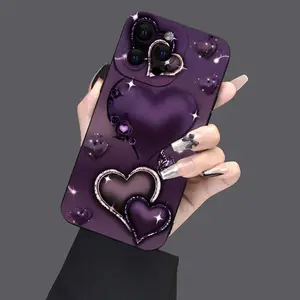 Purple 3D Hearts & Butterfly Print Phone Case for iPhone 17 Pro Max / 16 Pro Max / 15 Pro Max / 14 Pro Max / 13 Pro Max / Galaxy S26 Ultra / S25 Ultra / S24 Ultra / S23 Ultra / S22 Ultra