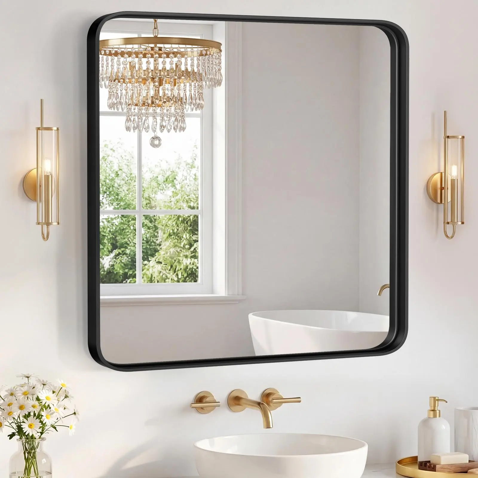 36*36 inch Shatter-Proof Burst-Proof Bathroom Mirror, High Definition Wall Mirror with Metal Frame, 4-Layer Float Technology for Fog Dispersal