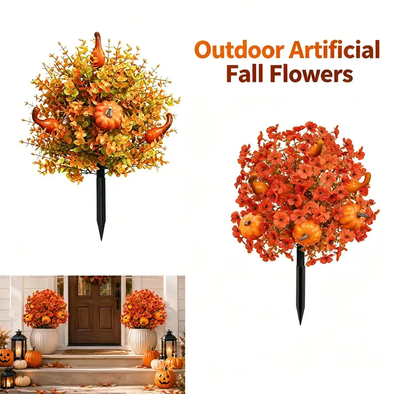 Fall & Halloween Artificial Topiary Ball Trees, Pumpkin Artificial Flower Topiary Ball with Ground Spike, Autumn Fake Shrubs Bushes, Faux Floral Ball for Front Porch Yard Patio Halloween Thanksgiving Decor (Orange Pumpkin), Decorative