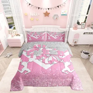 Cheerleading Theme Comforter,Girls Women Pink Dreamy Splicing Grey Pink Quilt,Modern Fashion Luxury Sequin Print Bedding Set