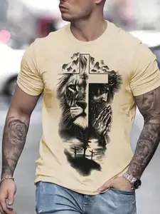 Men's Lion Jesus Print Round Neck T-Shirt, Casual Short Sleeve Loose Fit, Summer Fashion Daily Wear, Tropical Style