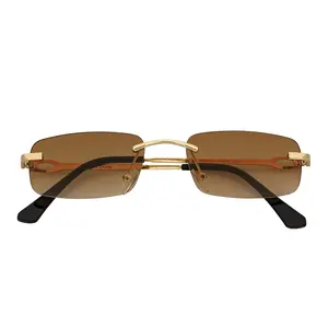 CHANELLE - Rimless Small Rectangle Sunglasses Gold Amber Fade Lens