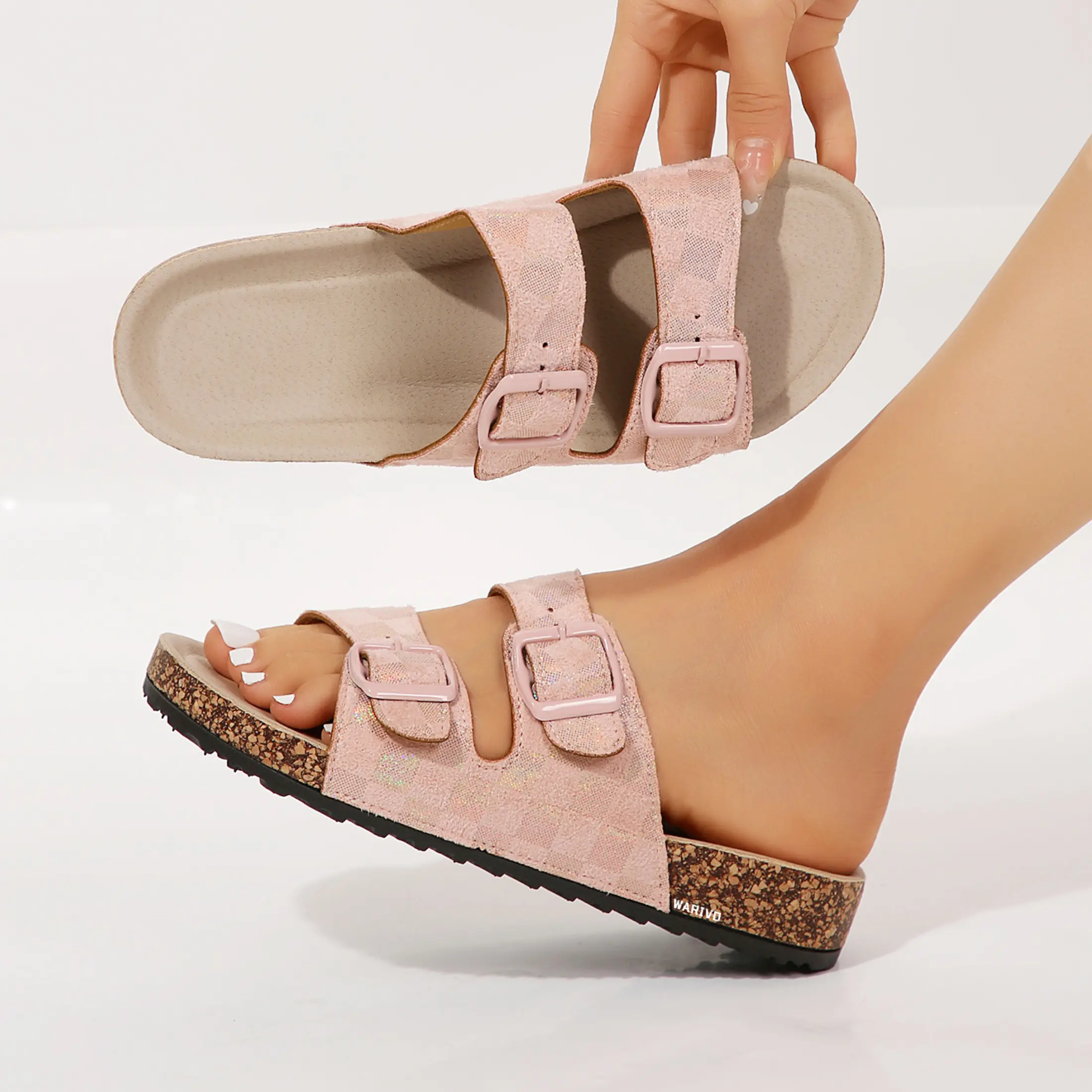 Women's Sandals Checkered Pattern Flatform Slide Sandals Double Buckle Decor Color Block Slipper