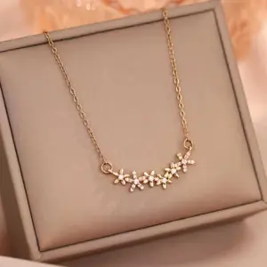 Dainty CZ Flower Cluster Pendant Necklace Gold-Tone Delicate Jewelry Gift for Her Valentine's Day Spring Mother's Day Gift V-Shaped Cubic Zirconia Stones Adjustable Chain