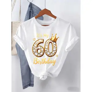Women's 60th Birthday T-Shirt with Golden Rhinestone Number 60 & Sparkling Crown - "It's My 60th Birthday" Party Outfit, Round Neck Short Sleeve Top for Milestone Celebrations, Gifts for Grandma, Mom, Aunt Mother's Day Gifts