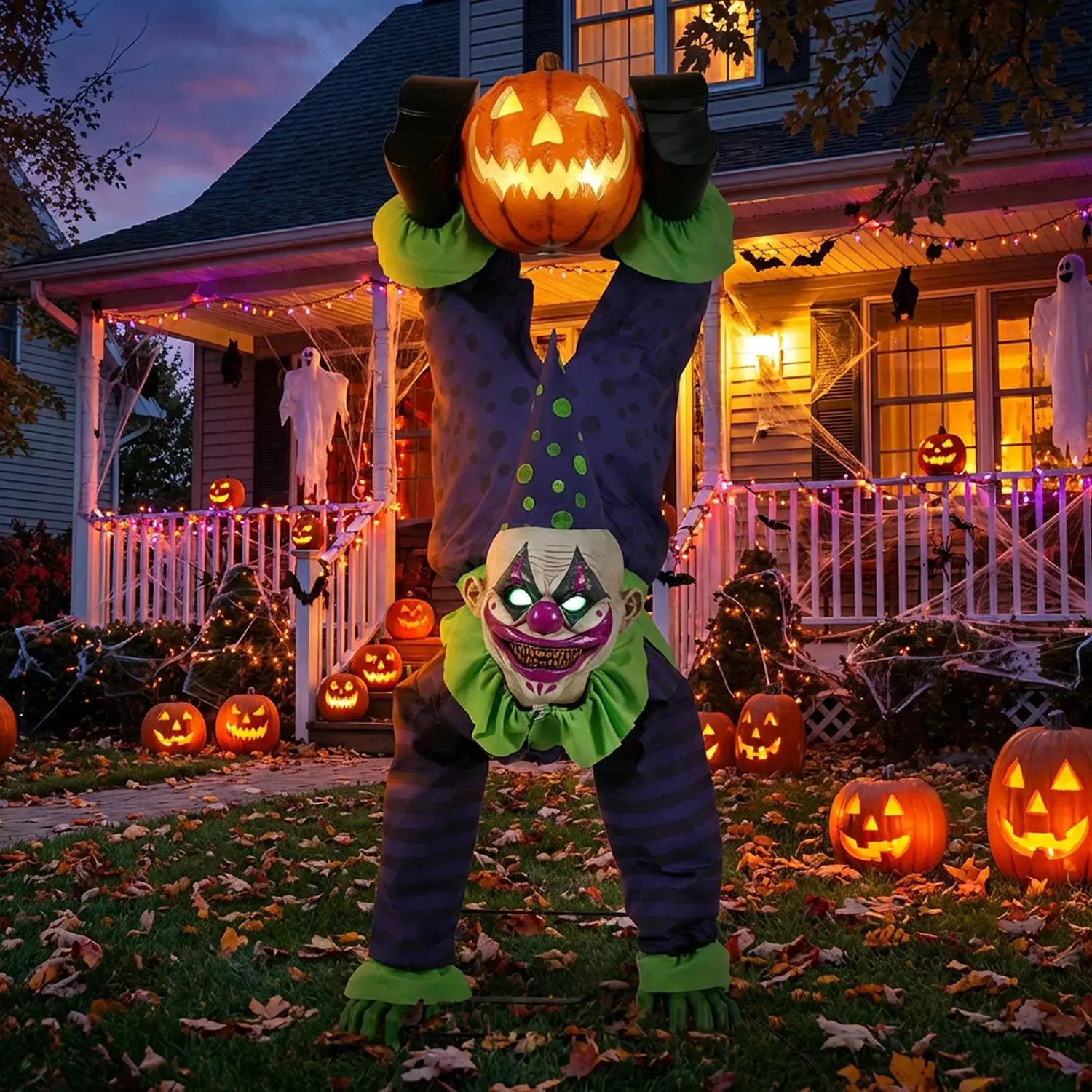 Animated Light-Up Upside-Down Clown with Jack-O'-Lantern Halloween Decoration, 5 Ft.