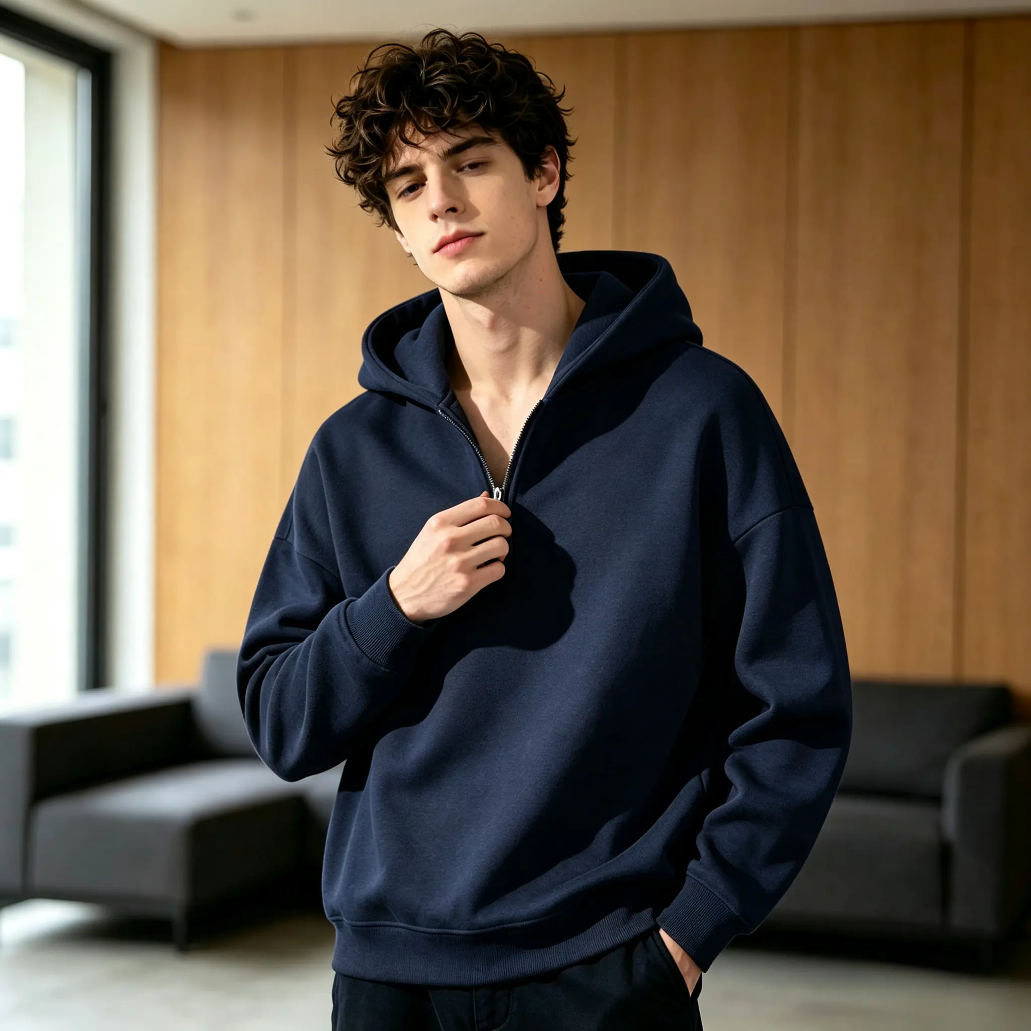 Men's half-zip hooded sweatshirt, solid color pullover hoodie without drawstring, loose drop-shoulder long-sleeve casual top