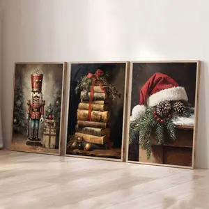 Three-Piece Frameless Christmas Hat Nutcracker Book Wall Art Decor, Holiday Party Decoration, Canvas Print Festive Style Painting