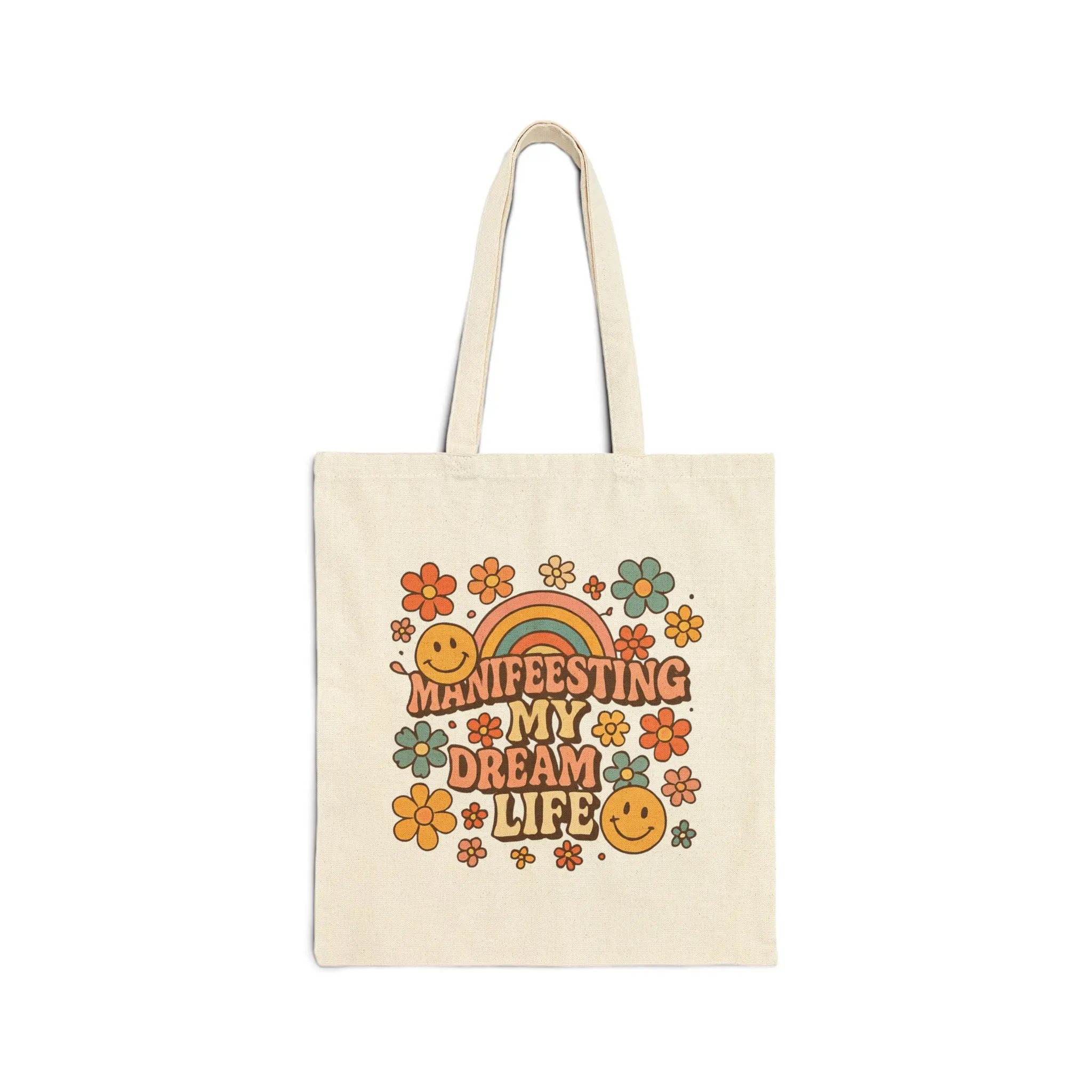 Colorful "Manifesting My Dream Life" Tote Bag, Eco-Friendly Cotton Bag for Shopping, Gift for Dreamers, Flower Power, Rainbow Art