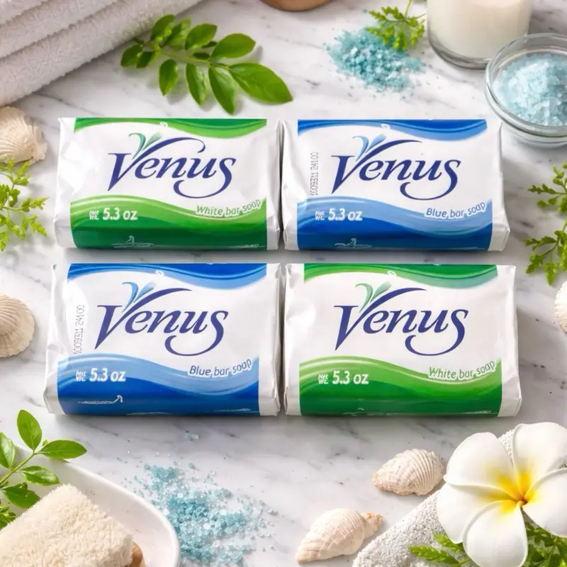 VENUS Solid Bar Soap 4-Pack (2 Blue, 2 White) - 5.3oz Each, 21.2oz Total, Classic Scented Cleansing Soap, Daily Body & Facial Skincare Cleanser, Body Care, Scented Soaps