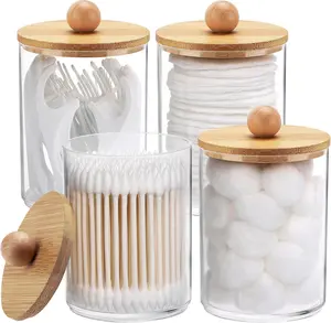 4 Pack Qtip Holder, 10-Ounce Bathroom Organizer Accessories Storage Containers Clear Plastic Apothecary Jars with Bamboo Lids for Cotton Ball, Cotton Swab, Floss Canister - Vanity Organizer | Bathroom Storage Set, Sustainable Bathroom Accessories