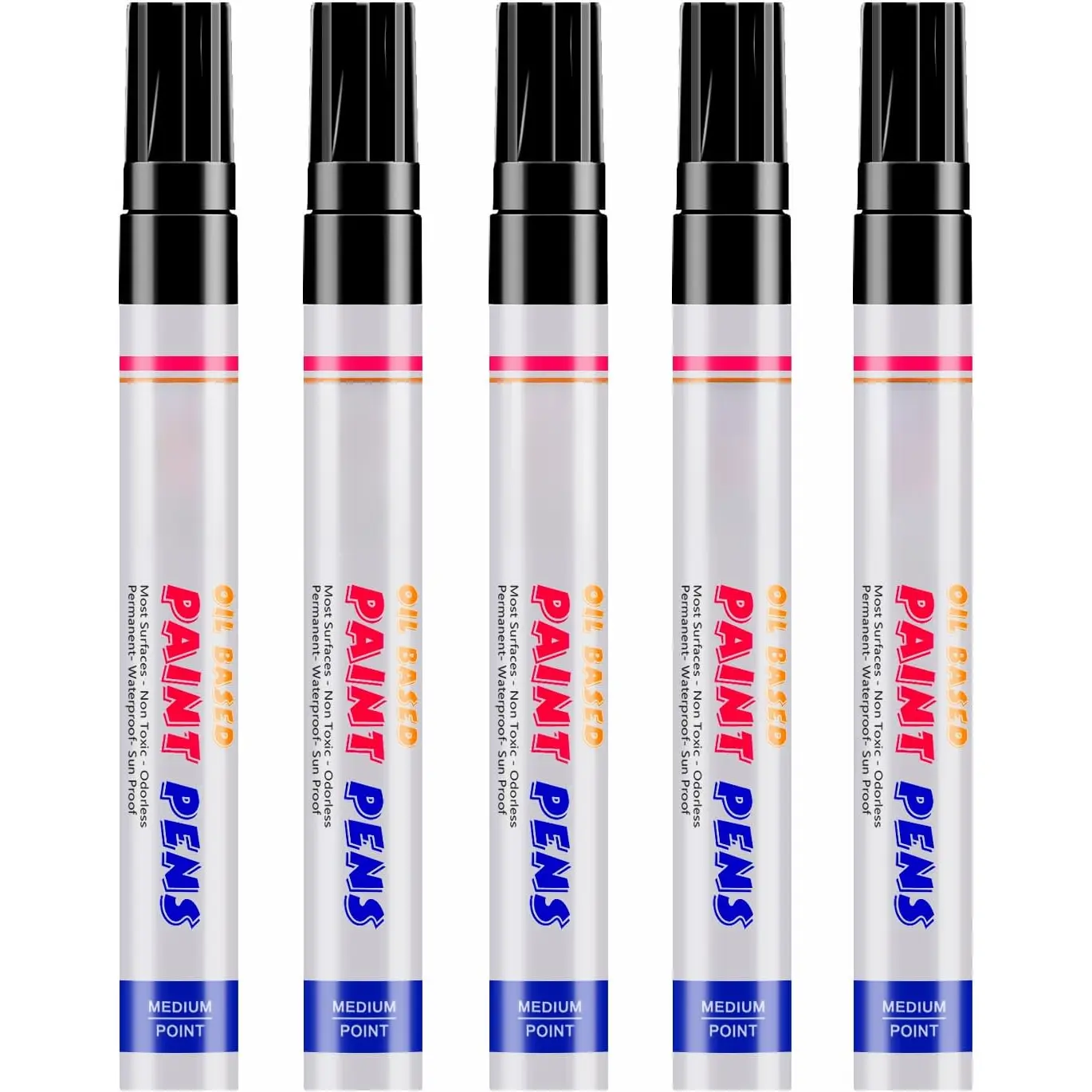Black Paint Markers, 5 Pack Oil-Based  Quick Dry Permanent Paint Pen Set for Rocks Painting, , Fabric, Plastic, Canvas, Glass, Mugs, Metal, Tire, Stone, DIY Craft