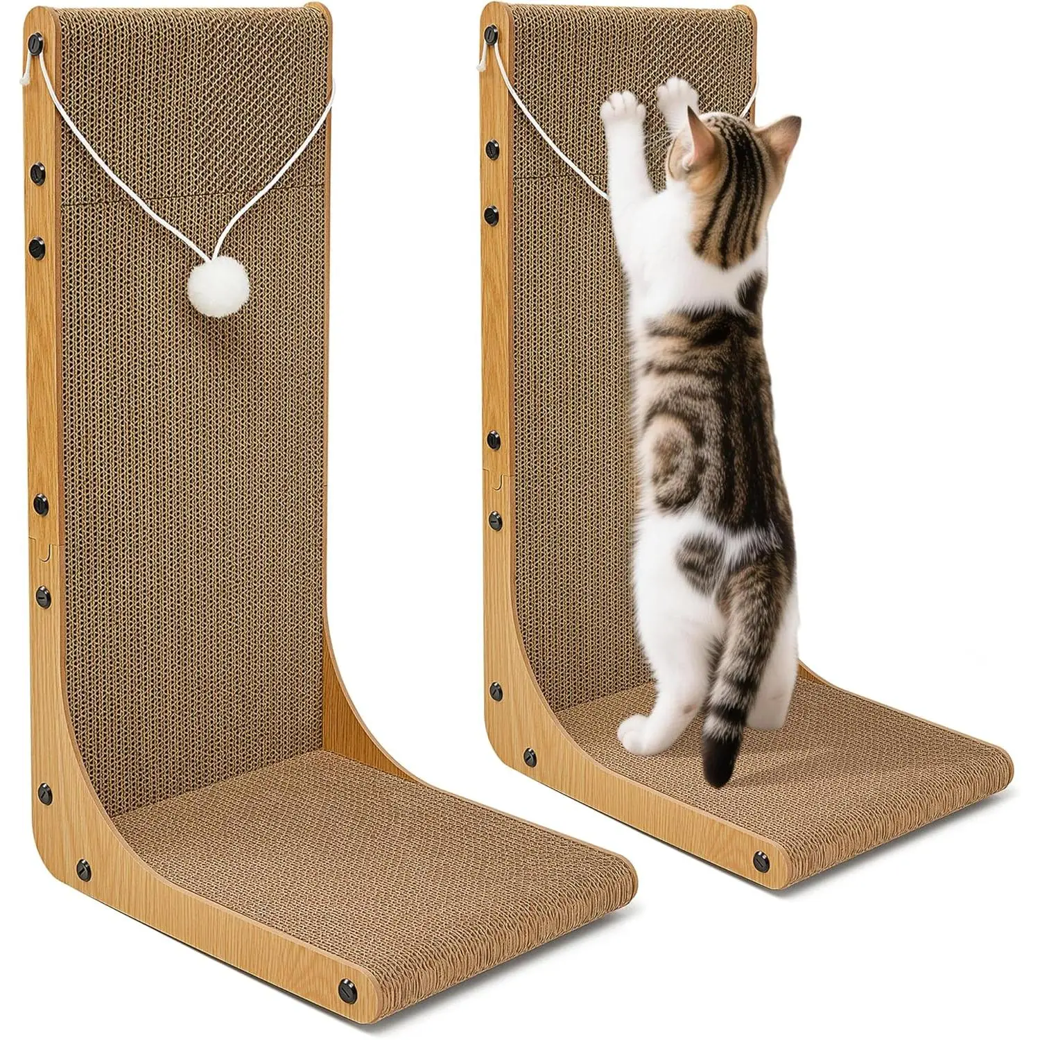 Value Pack of 2 23.6inch L-shaped cardboard cat scratching boards, dual-purpose (vertical/horizontal), with toy ball, wall-mountable furniture protector, suitable for indoor cats, sofas, and walls