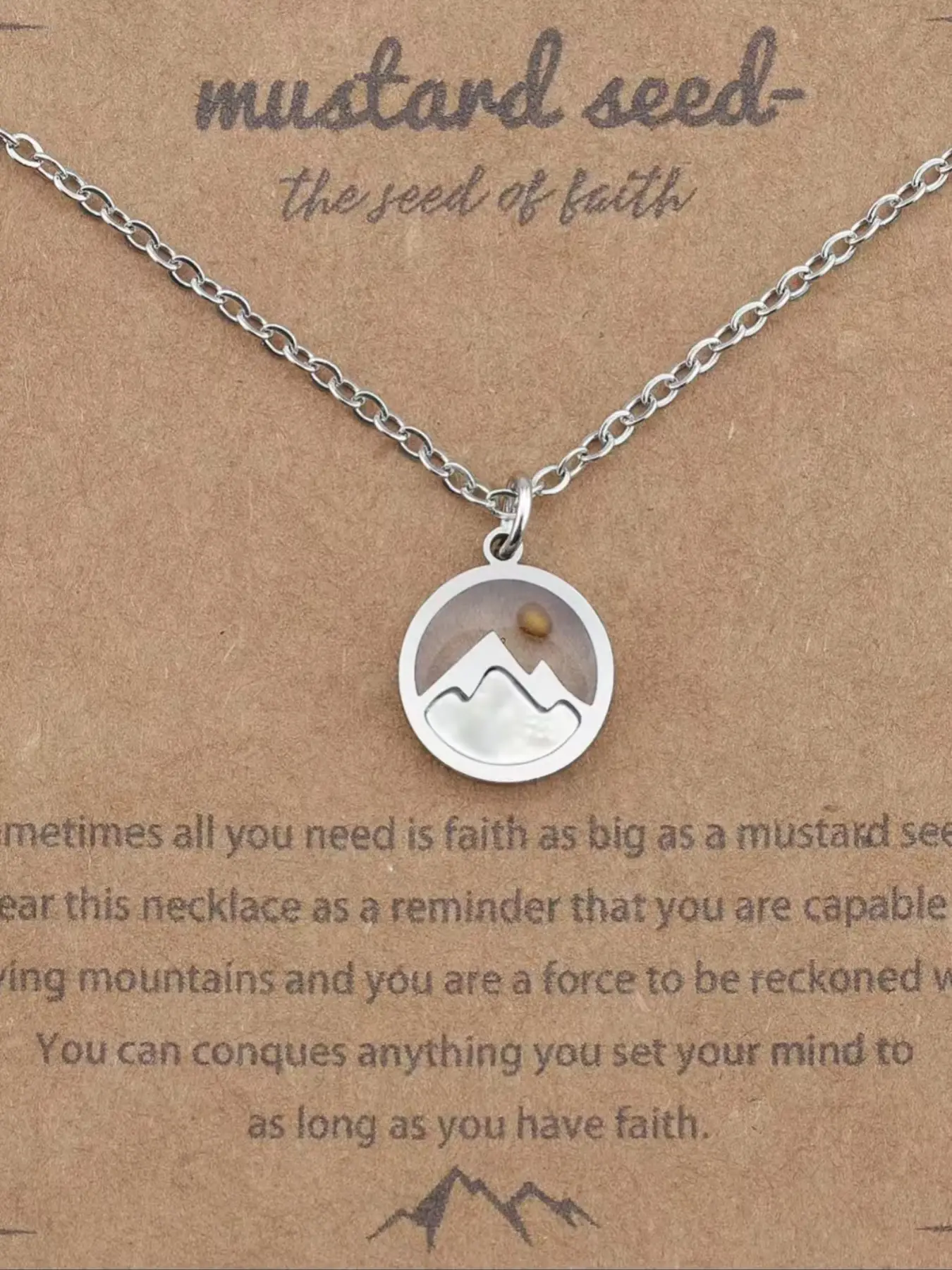Mustard Seed Mountains Pendant Necklace, Daily Chain Accessory, Faith Spiritual Jewelry for Women, Uplifting Inspirational Encouragement Christian Gift, Religious Symbolism, Religious Symbolic Accessory
