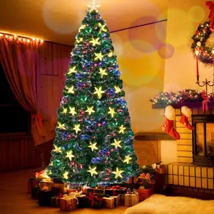 6FT/7FT Pre-Lit Artificial Christmas Tree, Lighted Optical Fiber Xmas Trees with Warm White Large Stars & Color Changing Optical Fiber Lights, Party Home Holiday Green Fake Tree with Metal Legs
