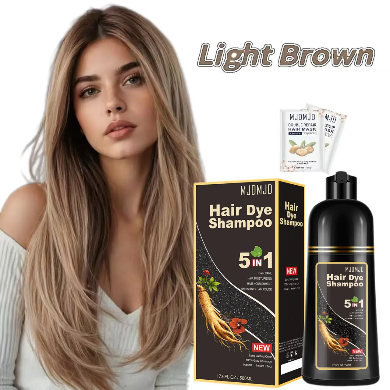 Light Brown Hair Dye Shampoo 5 in 1, Natural Formula for Men & Women, Semi-Permanent Light Brown Color Lasting 3–4 Weeks, Nourishing and Easy At-Home Use, 500ml with Free Argan Hair Mask Samples