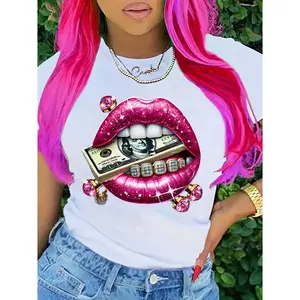 Womens Cotton Graphic Tee Sparkly Pink Lips Money Print Short Sleeve Crewneck Casual Streetwear Top For Summer Outfit Festival Vacation Going Out