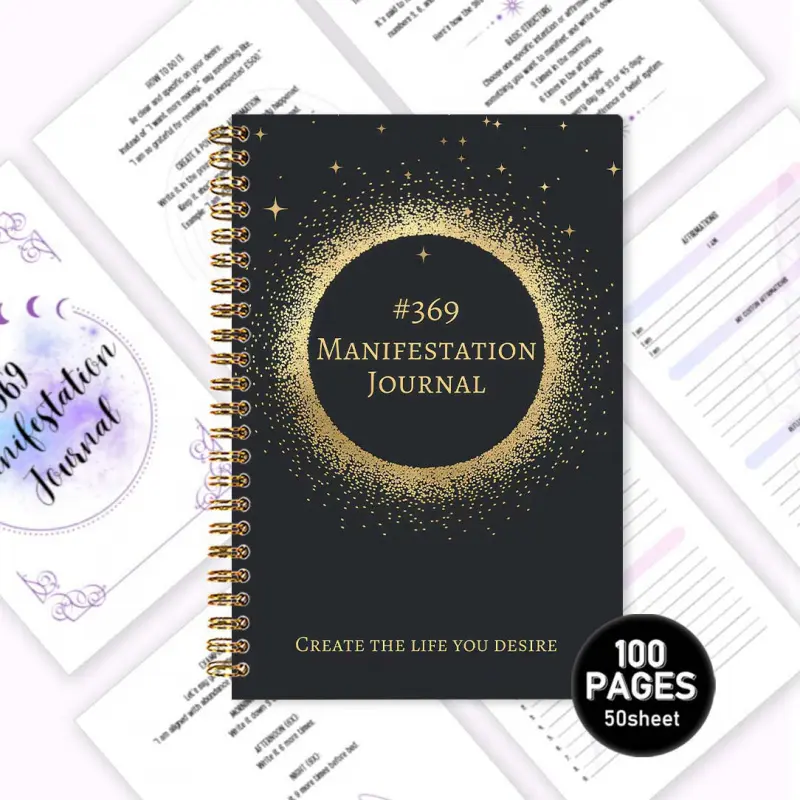 369 Manifestation Planner | Daily 369 Planning, empowered by both numerology and the Law of Attraction. Featuring a black cover with gold foil starlight details and 369 logo, it focuses on manifesting your ideal life. Designed with 3 morning, 6 noon and 9
