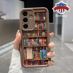 Phone Case Compatible for Samsung Galaxy S23 Ultra S24 Plus S25 S22+ Cartoon Bookshelf Pattern TPU Silicone Camera Protective Rugged Cellphone Cover