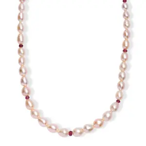 Peach Freshwater Pearl and Rubellite 2.70 ctw Necklace in 18K Vermeil Yellow Gold Over Sterling Silver 18 Inches Christmas Gifts