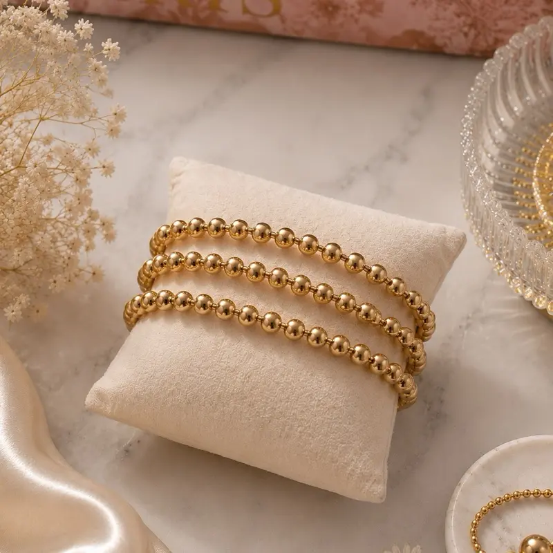 3 Stainless Steel Elastic Beaded Bracelets, Waterproof Jewelry