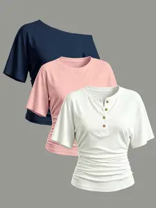3-Pack Women's T-Shirts, Spring Summer Slim Fit, Round Neck, Shoulder Cut Out, Henley Neck, Casual Daily Wear, Multi-Colors Available A Week of Casual, Effortless Outfits