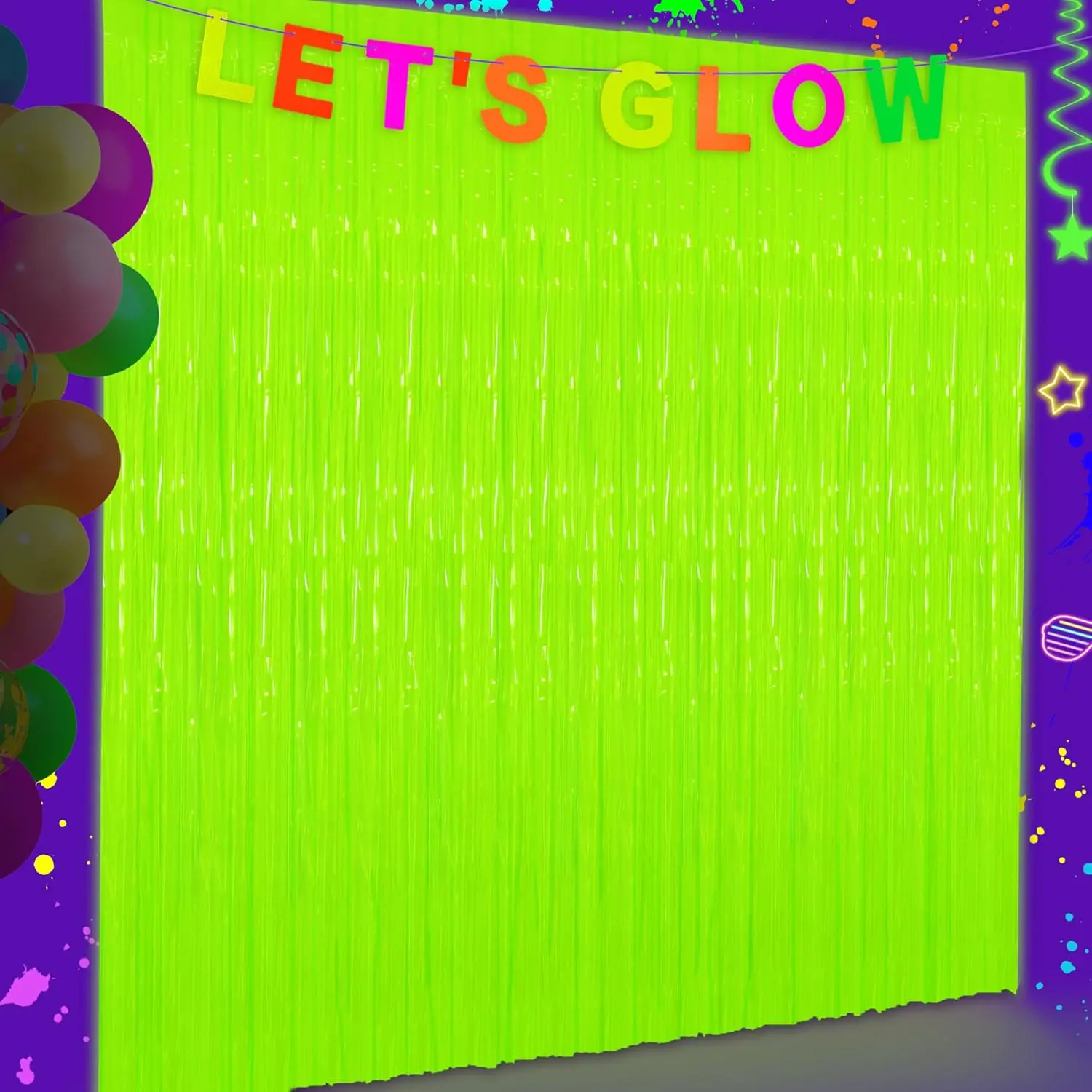 Glow in The Dark Tinsel Curtains 2 Pack - 3.3x6.6ft UV Reactive Fluorescent Party Backdrop for Neon, Birthday, Pride Decorations, Pre-Taped, Lightweight  (Yellow)