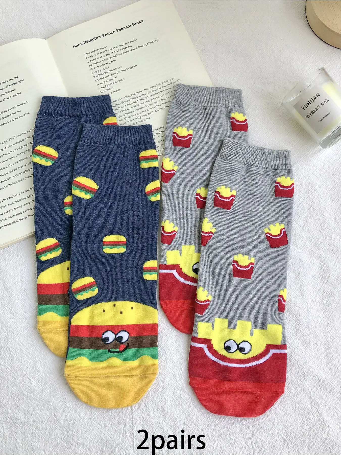 2 pairs Cartoon Fries & Hamburger Mid-Calf Socks, Adorable Comfortable Casual Couple Socks, Perfect for Daily Home Wear by Women