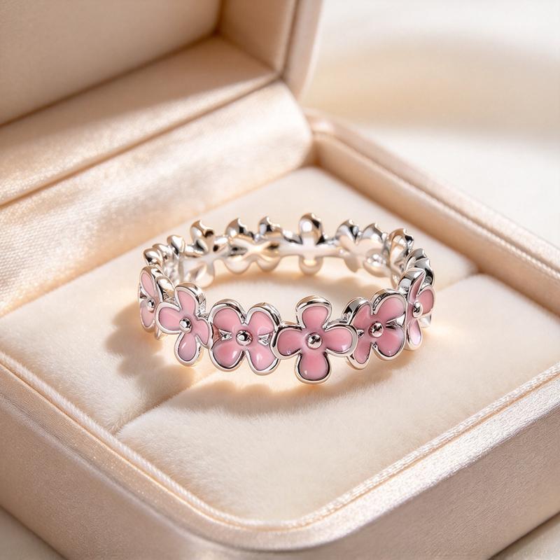 Women’s 4-Leaf Clover Enamel Flower Eternity Band Ring - Copper Alloy Elegant Fashion Dainty Cute Ring in Pink, Blue Enamel for Daily Wear, Valentine Gift, Elegant Fashion Rings
