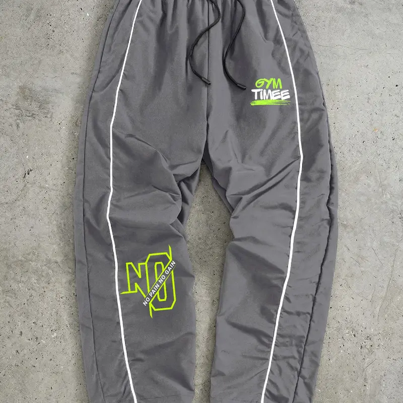 Men's Gym Letter Print Athleisure Fitness Pants, Gym Sportswear Bottoms, Activewear For Fitness, Activewear Bottoms, Quick Dry Breathable Trousers, Drawstring Elastic Waist Sporty Cuffed Sweatpants with Adjustable Cuffs and 2 Side Pockets