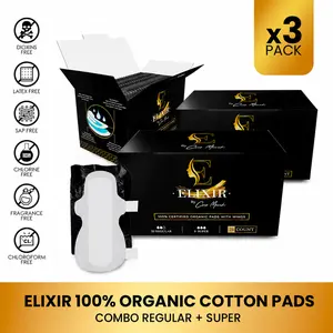 3 Pack of Coco March Elixir Organic Cotton Pads, Feminine Menstrual Care Pads for Women, Regular and Super Pads with Wings (28ct)