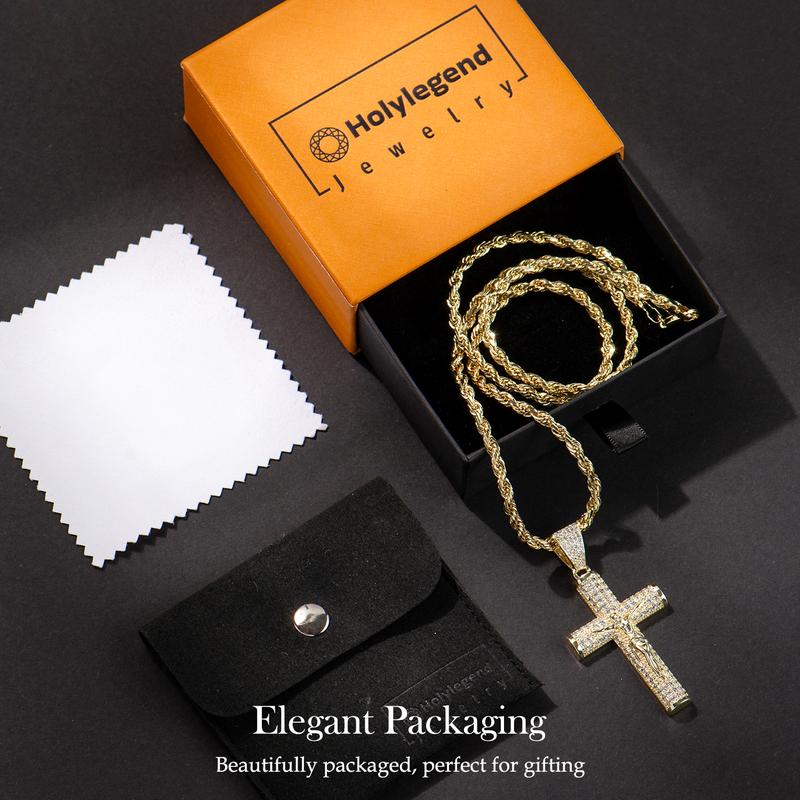 Holylegend 14K Real Gold-Plated Cross Necklace for Men, Advanced Nanotech Tarnish-Free Cuban Figaro Rope Miami Chains with Jesus Crucifix Pendant, 24” Long , Christian Religious Jewelry Gift