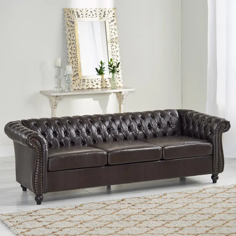 Chesterfield 3-Seater Low Profile Traditional Classic Indoor PU Leather Wood Sofa - Diamond Stitching, Button Tufted, Scrolled Arms, Turned Legs, 84.75" W x 33.50" D x 27.00" H, 98.66 lbs, Requires Assembly, Model 68014.00PUBRN, Three Seats