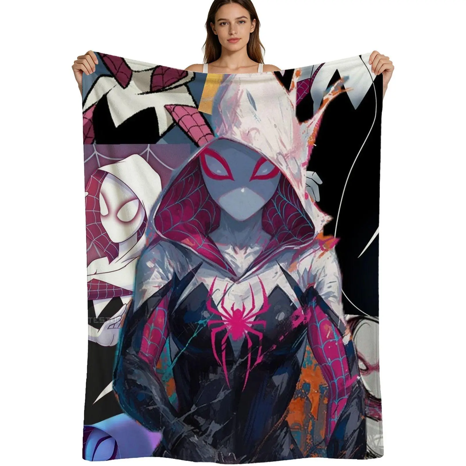 Spider Gwen Art Style, Warm Flannel Blanket, Vibrant Spider Woman Collage Pattern, Soft Brushed Fabric With Detailed Print, For Fans And Bedroom Decor, 4 Sizes Available Single Pack