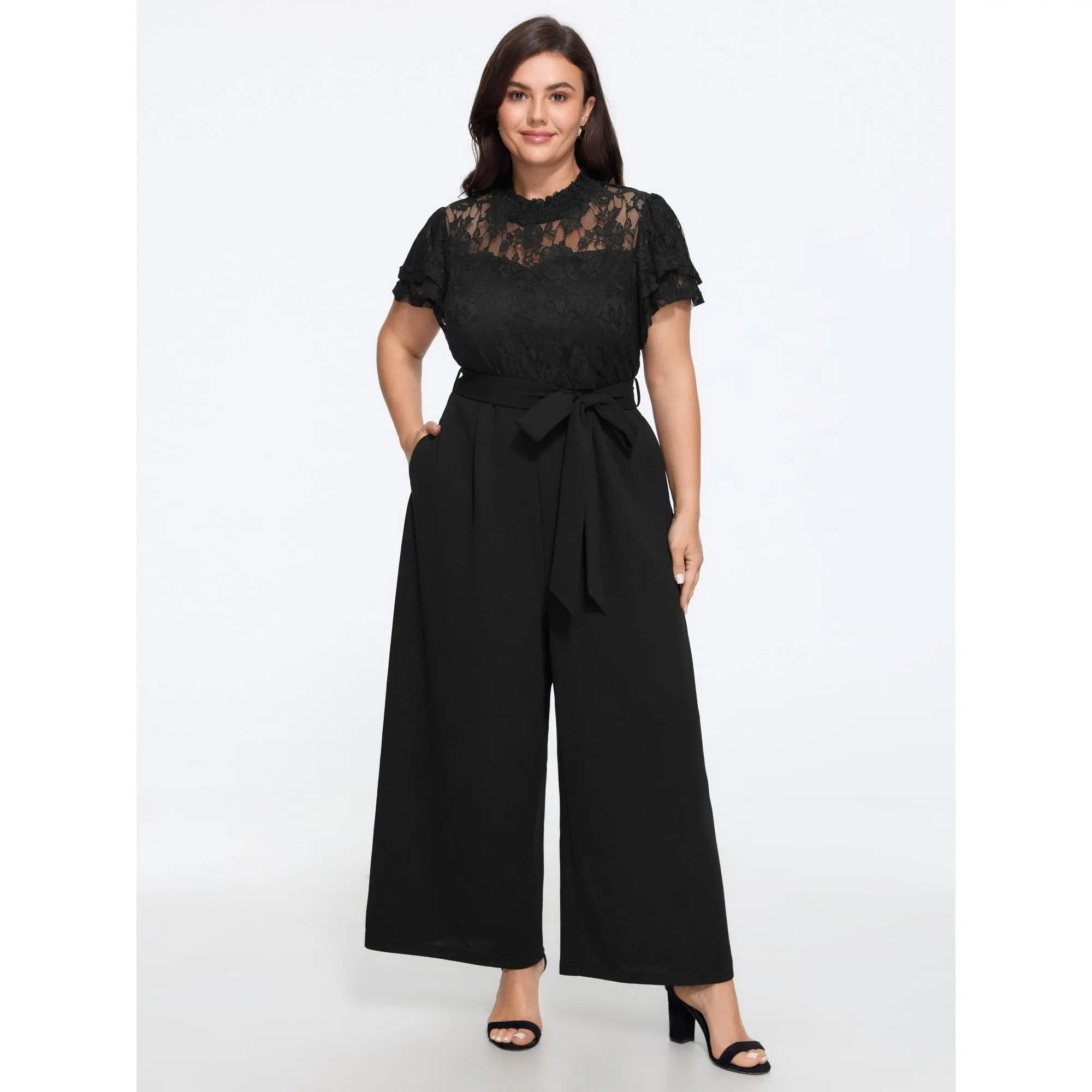 BLOOMCHIC Plus Size Lace Trim Short Sleeve Tie Waist Wide Leg Jumpsuit[M-6X]Summerfinds