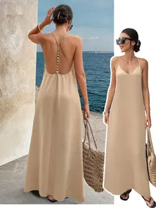 Minimalist Solid Color Strapless Casual Dress for Women, Summer Beach Vacation Skirt, Iron-Free Flowy Texture Fabric, V-Neck Loose Long Dress