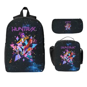 Girls K-Pop Rumi Mira Role Large-Capacity Oxford Cloth Travel Bag (with Laptop Compartment) — Unisex Campus Backpack Set (Includes Pencil Case & Crossbody Bag); Hand-Washable; Suitable for Daily Commuting (Men & Women)